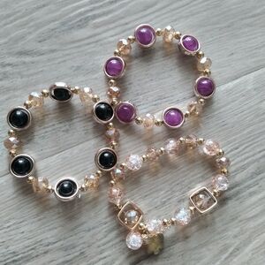 Elegant Beaded Bracelet Set - Black, Purple, Gold